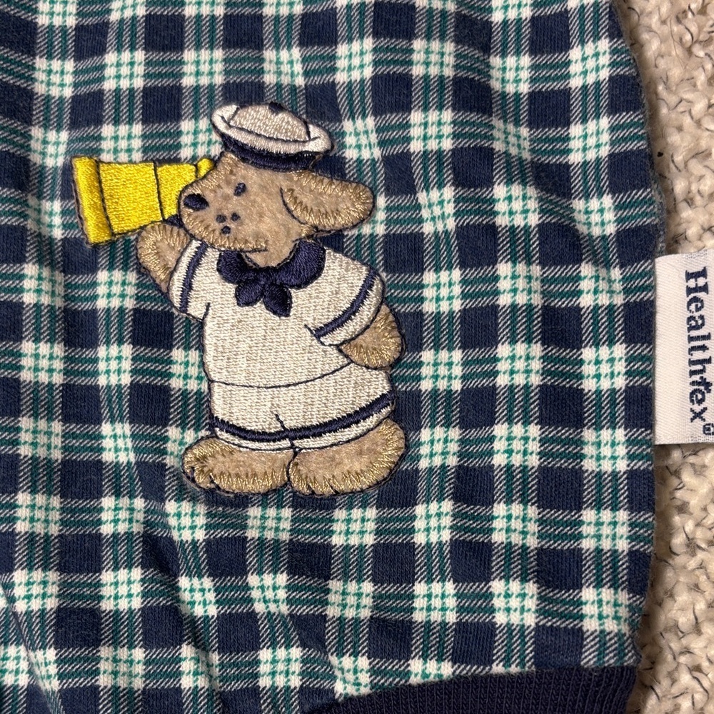 Vintage 80s/90s HealthTex Baby Romper Gingham Navy Embroidered Sailor Dog - Picture 4 of 10